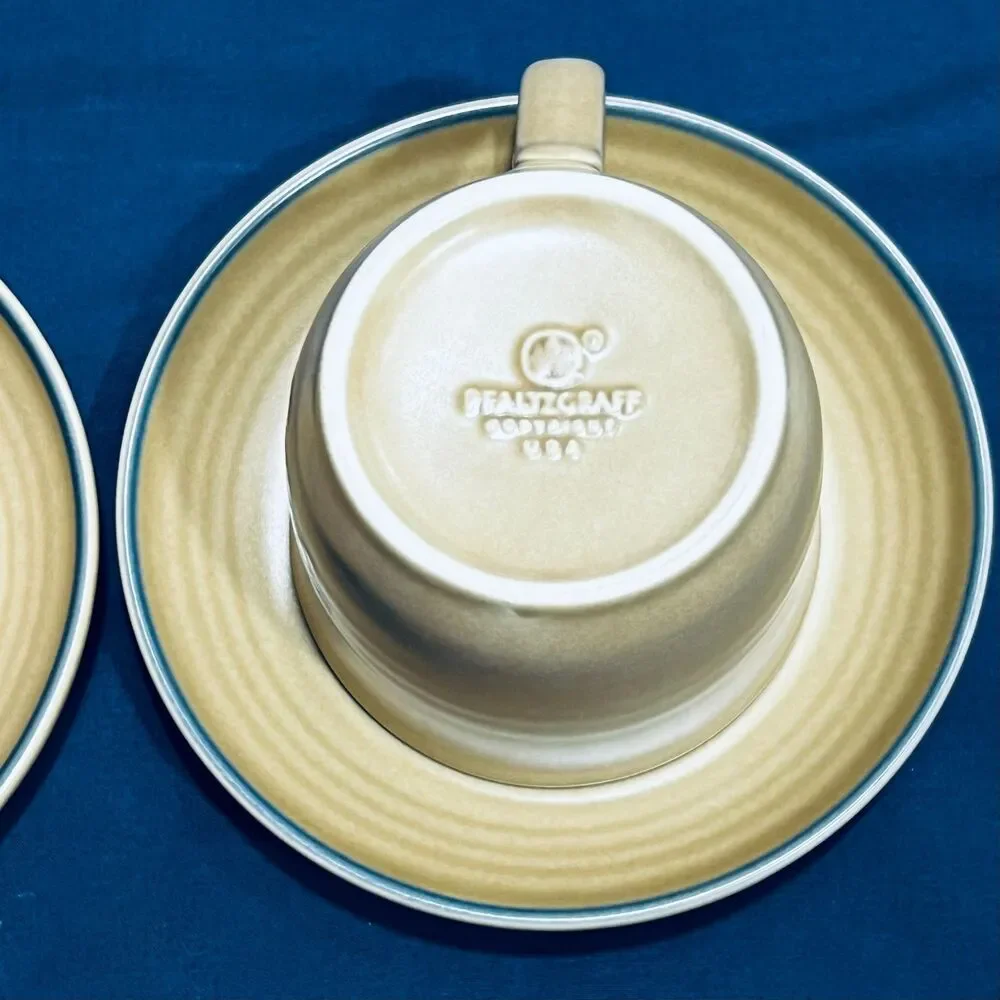 Set of 2 Vintage Pfaltzgraff Folk Art Flat Cup and Saucer Tan Stoneware Blue Flo